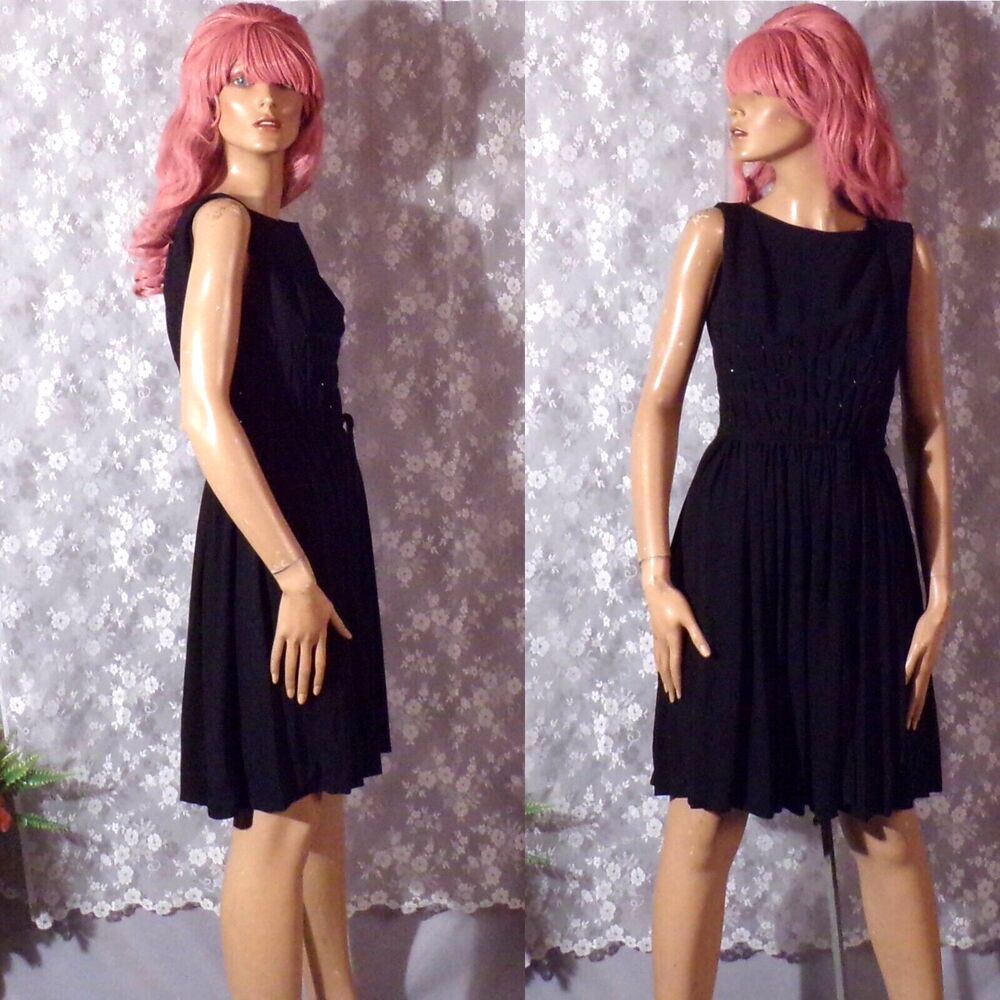 Vintage 60s Dress 1960s Black Rhinestone Cocktail Retro Pinup Rockabilly Size XS